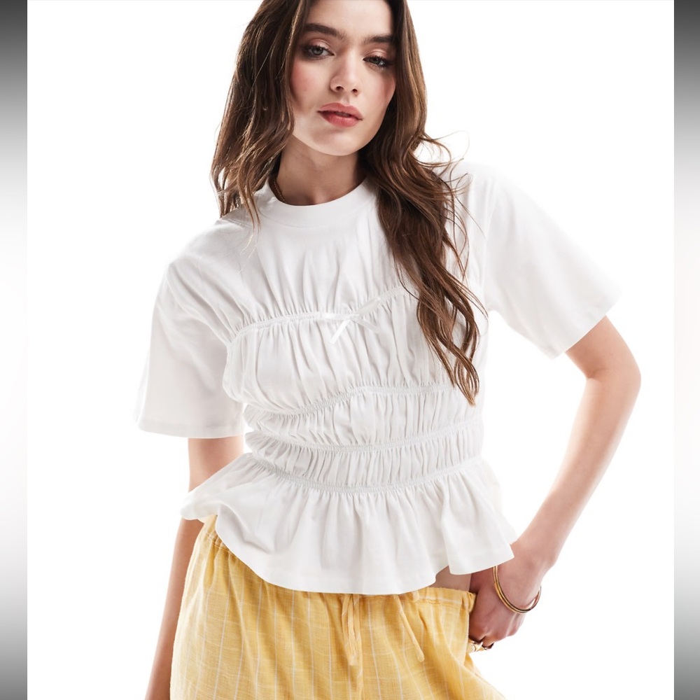 🆕 ASOS DESIGN shirred corset waist t-shirt in white Ruched Blouse with Bow XL